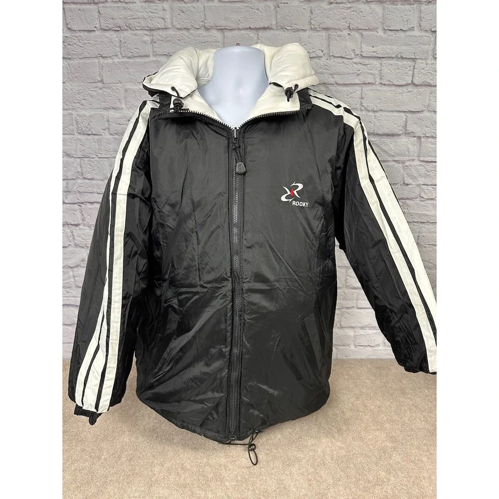 VTG Rooky‎ Men's Reversible Hooded Puffer Jacket Black Cream Size L - NEW